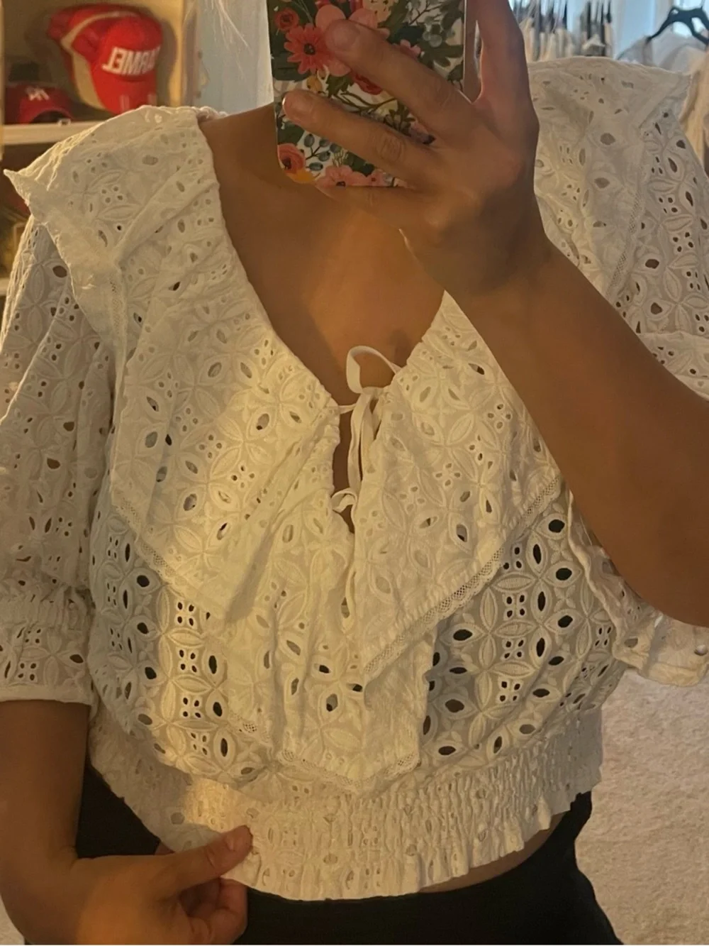 Anthropologie White Eyelet Ruffle Tie-Front Blouse